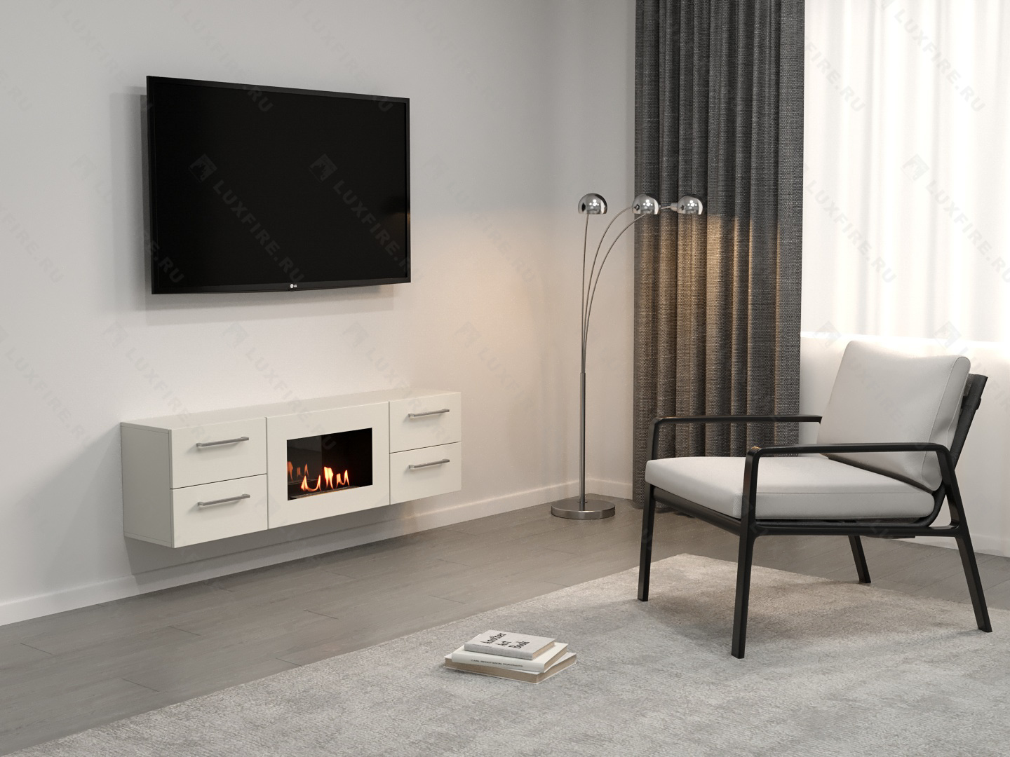 Тумба ТВ Lux Fire "Белая Роза" настенная 1400, с белым биокамином по цене 91 470 руб.